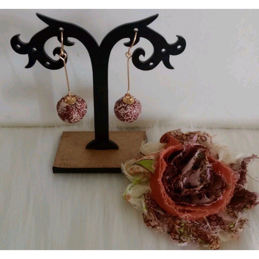 Women's Brown & White Cloth Wrapped Dangle Earrings  2" Boho Fashion Jewelry NIP